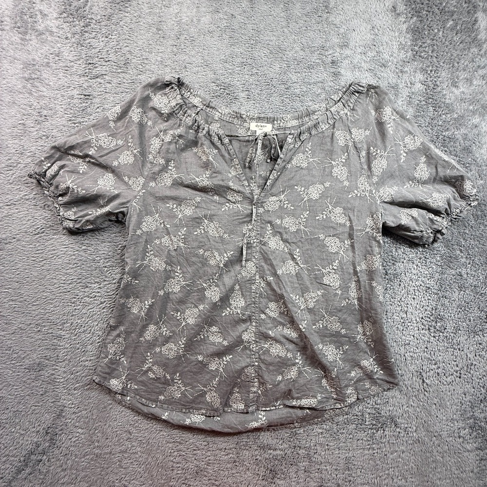 Dylan S Womens Gray Floral Boho Peasant Top Puff Sleeve Cotton Tie Neck Blouse